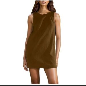 Women's Mini Dress Crew Neck Sleeveless Open Back Cotton Linen Olive Green
